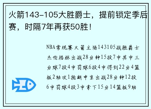 火箭143-105大胜爵士，提前锁定季后赛，时隔7年再获50胜！