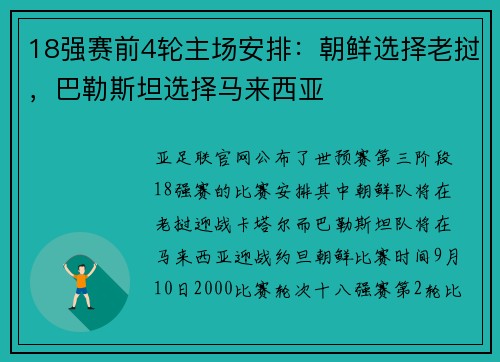 18强赛前4轮主场安排：朝鲜选择老挝，巴勒斯坦选择马来西亚